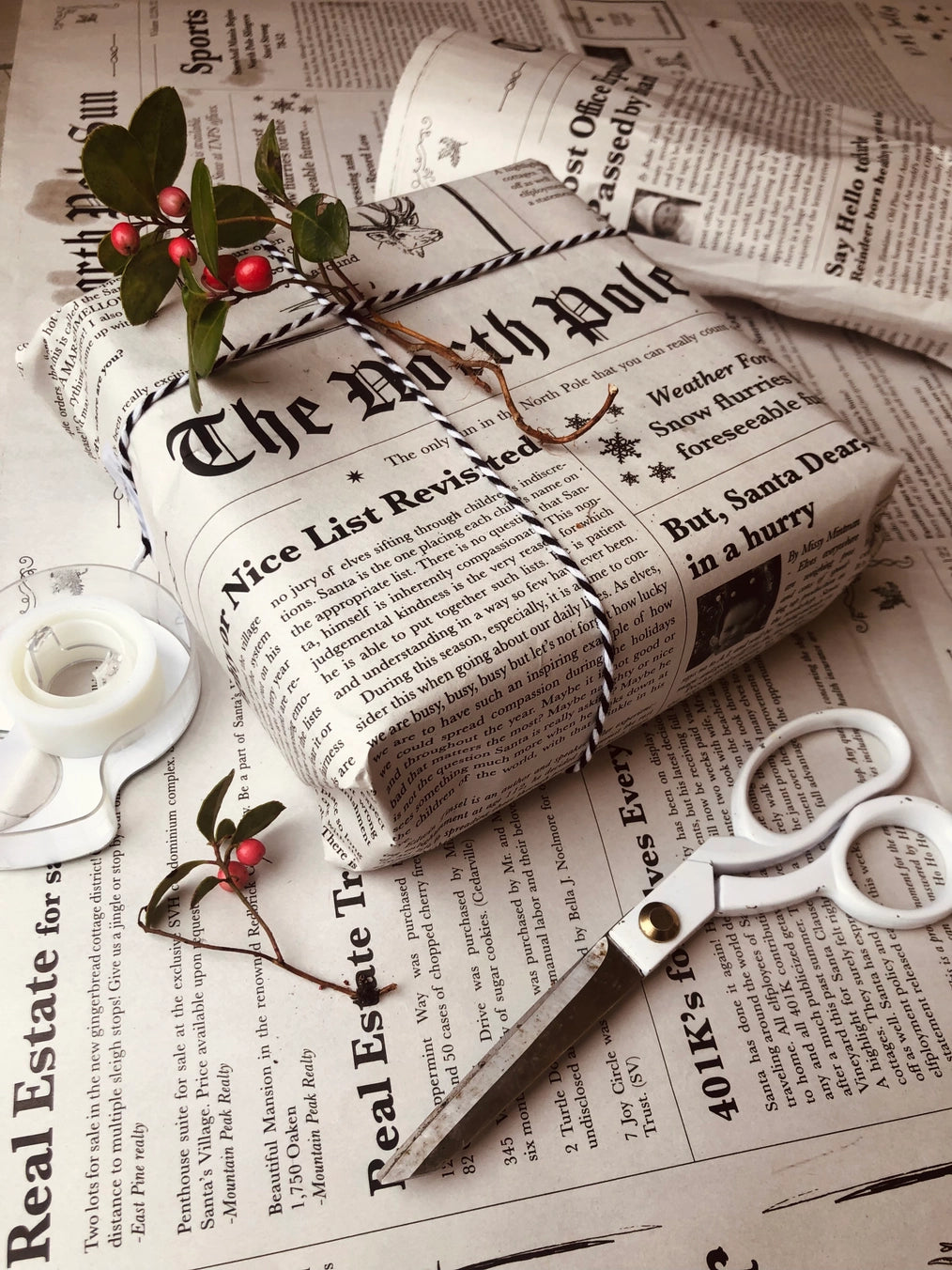 Wrap your gifts in a classic North Pole Newspaper sheet! 🎁
This eco-friendly, single-sided newsprint is filled with fun articles about Santa and his elves, making it a unique alternative to traditional wrapping paper. Use it for presents or as a festive touch with cookies and milk left out for Santa!
Key Details:
- Dimensions: 38.1 x 57.9 cm (15 x 22.8 in)
- Plastic-free, recycled, and vegan 🌍